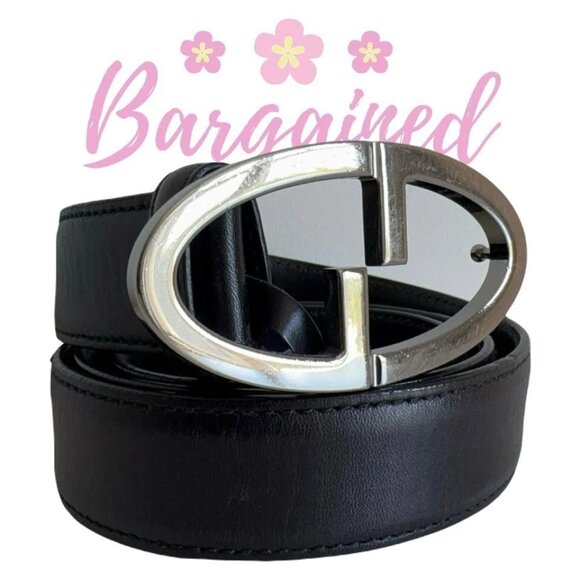 Auth Gucci Vintage Black Leather Silver Interlocking G Silver Buckle Belt 90/36